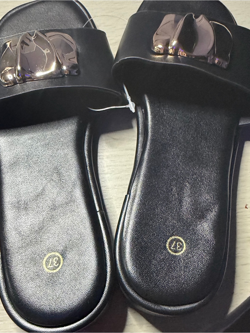 Black Slide Sandals with Metallic Accent - Women's
